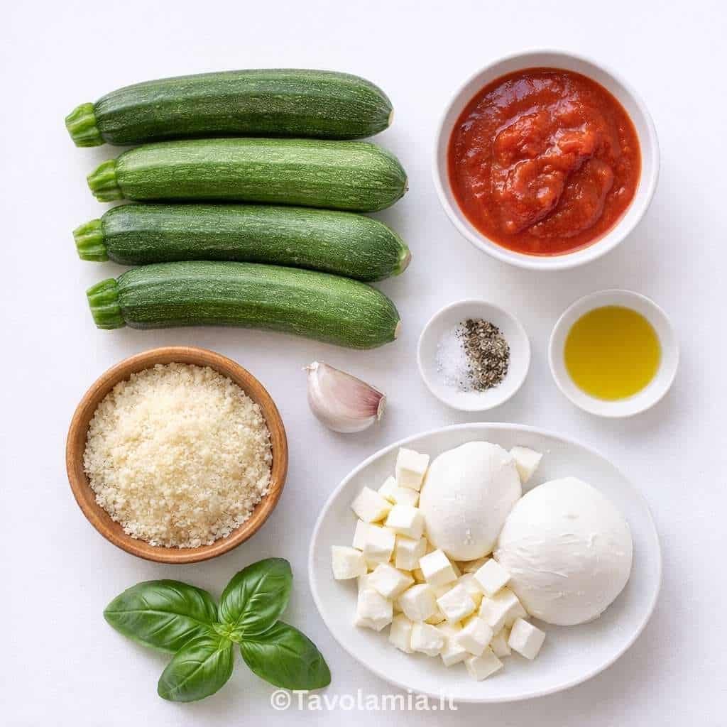 Ingredienti per la parmigiana di zucchine: zucchine fresche, mozzarella, parmigiano, salsa di pomodoro e basilico