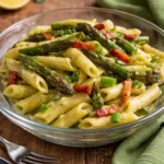 Piatto di pasta con asparagi e pancetta servito in una ciotola di vetro, su tavolo rustico con tovagliolo verde