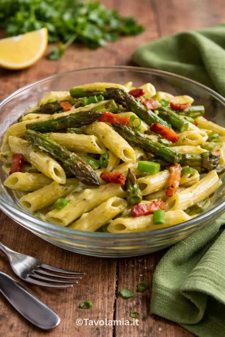 Piatto di pasta con asparagi e pancetta servito in una ciotola di vetro, su tavolo rustico con tovagliolo verde
