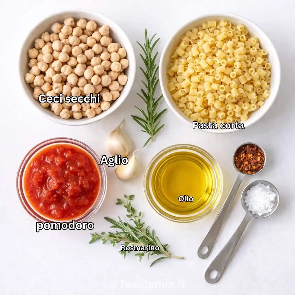 Ingredienti per la pasta e ceci: ceci secchi, pasta corta, pomodoro, aglio, olio e rosmarino