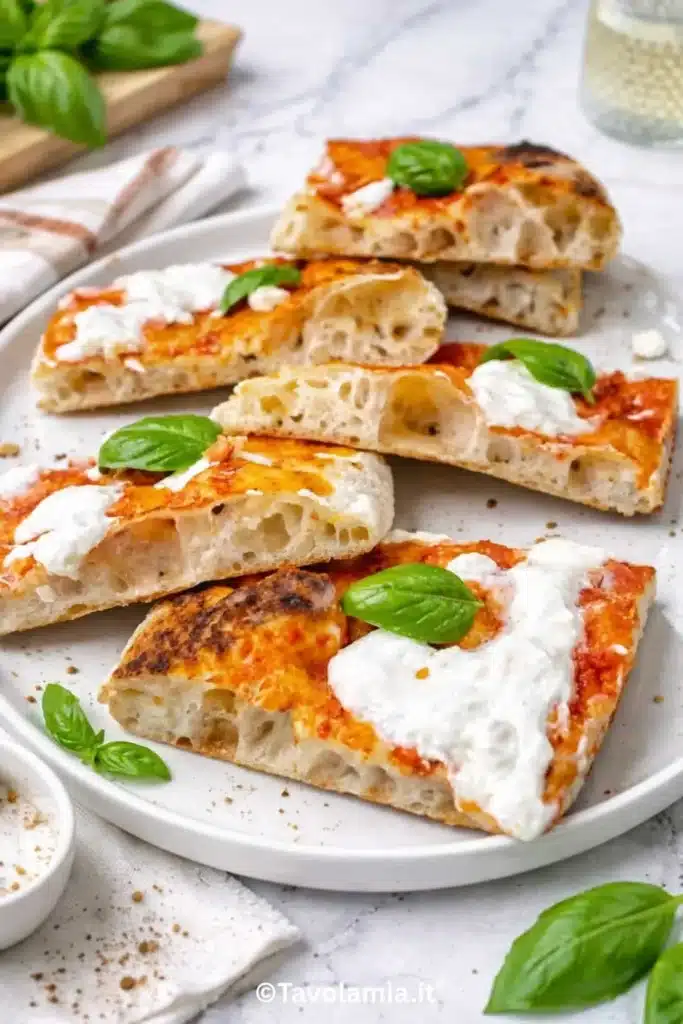 Pizza in teglia fatta in casa soffice dentro e croccante sotto, con pomodoro e mozzarella