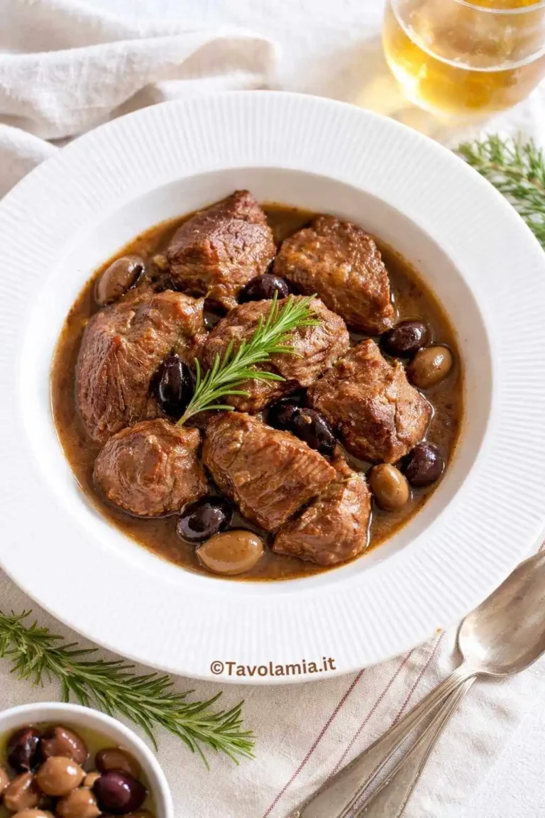 Spezzatino di manzo servito con olive e rosmarino in un piatto fondo bianco.