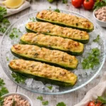 Zucchine ripiene tonno cotte al forno e servite con prezzemolo fresco, pomodorini e tonno