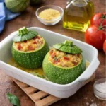 Zucchine tonde ripiene cotte in forno, servite in una pirofila bianca con ripieno dorato e coperchio verde.