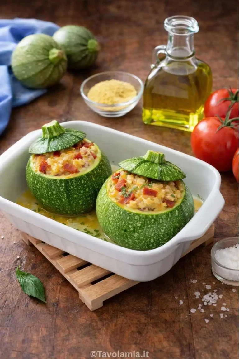 Zucchine tonde ripiene cotte in forno, servite in una pirofila bianca con ripieno dorato e coperchio verde.