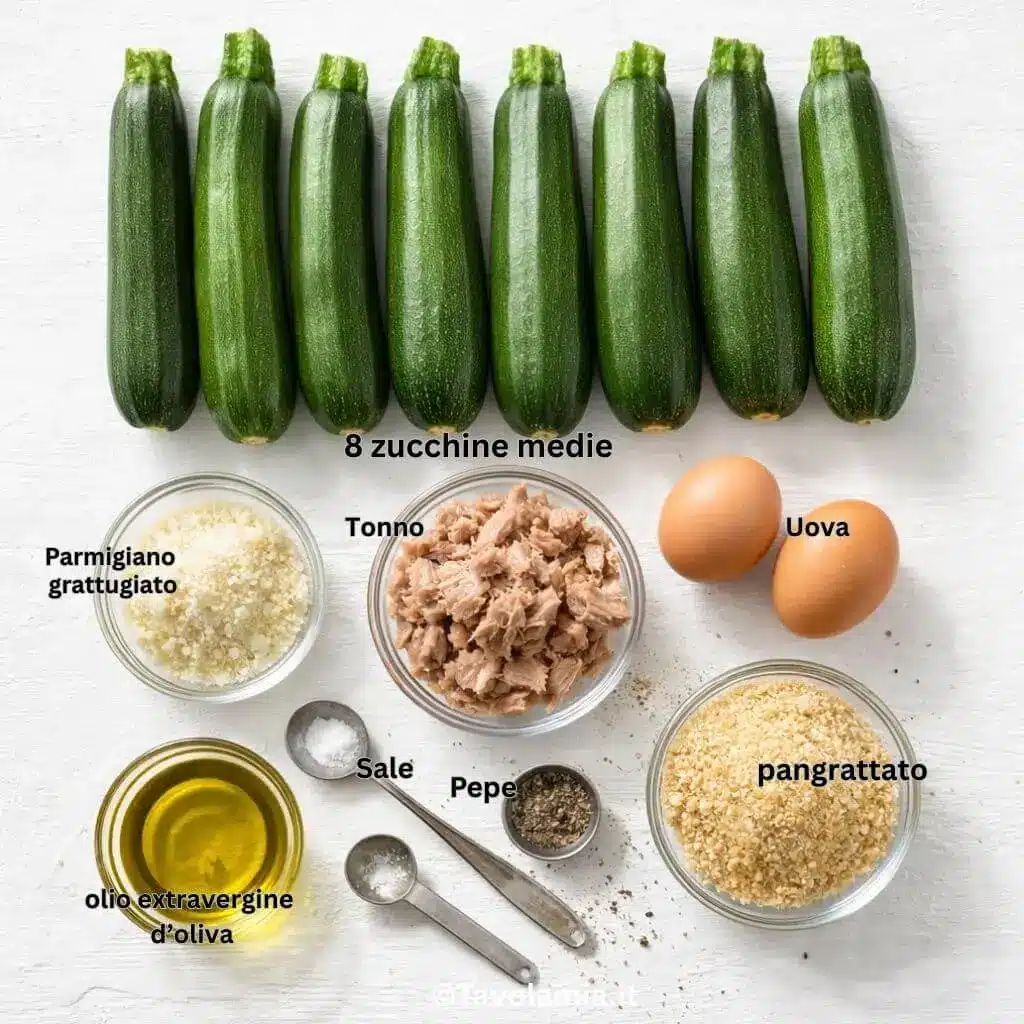 Ingredienti per zucchine ripiene tonno: zucchine, tonno, uova, parmigiano, pangrattato, olio, sale e pepe