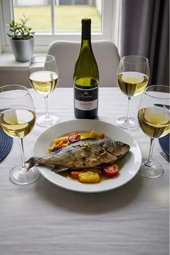Abbinamento vino bianco e pesce persico intero con verdure su tavola elegante