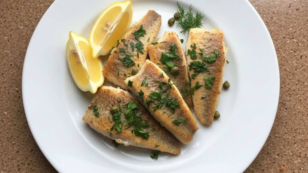 Filettatura del pesce persico con filetti cotti serviti con limone, capperi e prezzemolo