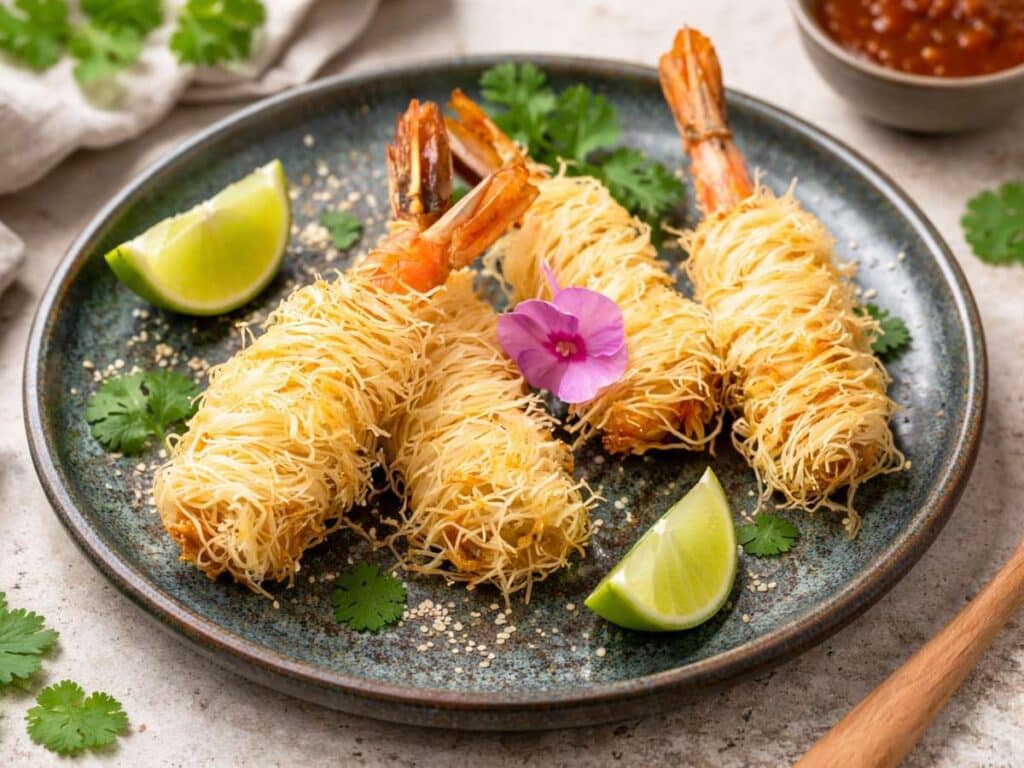 Gamberi avvolti in pasta kataifi, esempio di kataifi nella cucina regionale italiana moderna