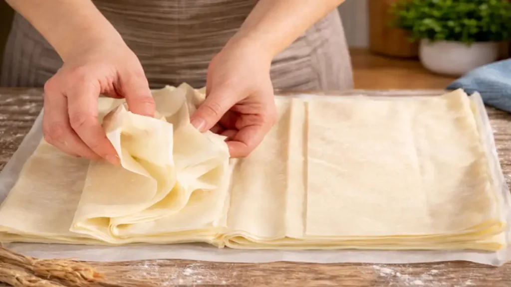 Mani che separano delicatamente fogli di pasta fillo su piano di lavoro