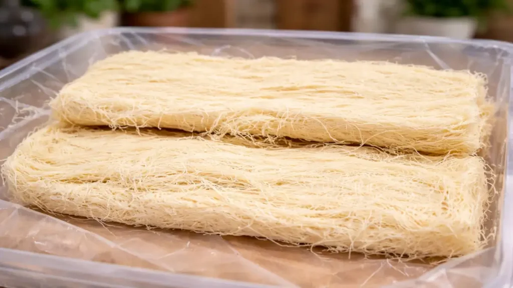 Confezione di pasta kataifi con fili sottili disposti ordinatamente