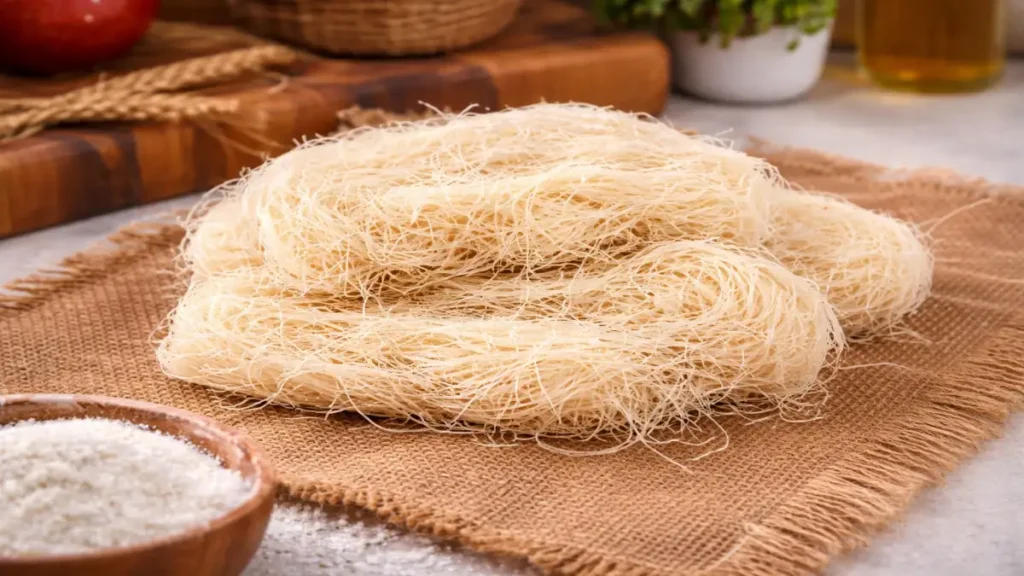 Matassa di pasta kataifi cruda con fili sottili su piano da cucina