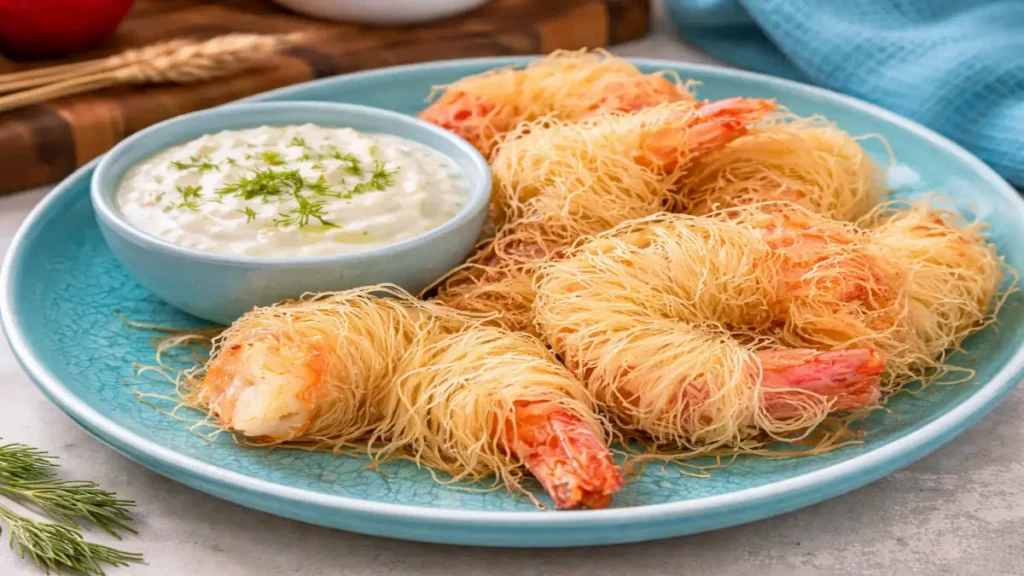Gamberi avvolti in pasta kataifi croccante serviti come antipasto