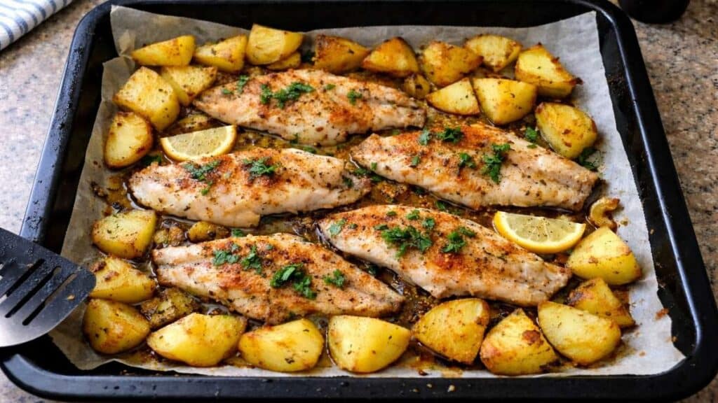 Pesce persico al forno in teglia con patate rosolate e limone, visto dall'alto