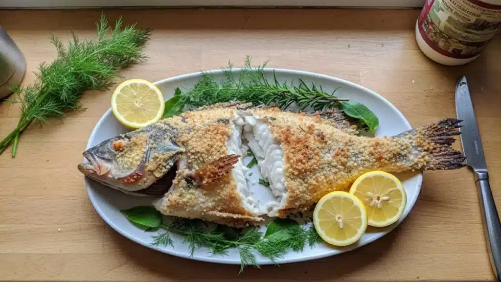 Pesce persico al sale con crosta rotta servito su piatto ovale con limone e aneto