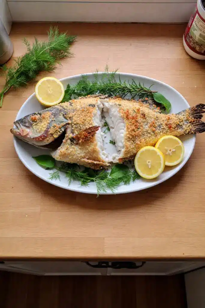 Pesce persico al sale intero con crosta aperta su piatto con limone e rosmarino