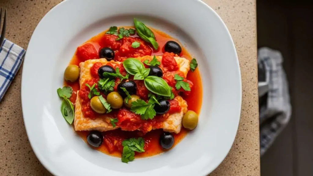 Pesce persico alla pizzaiola con pomodoro olive e capperi su piatto bianco
