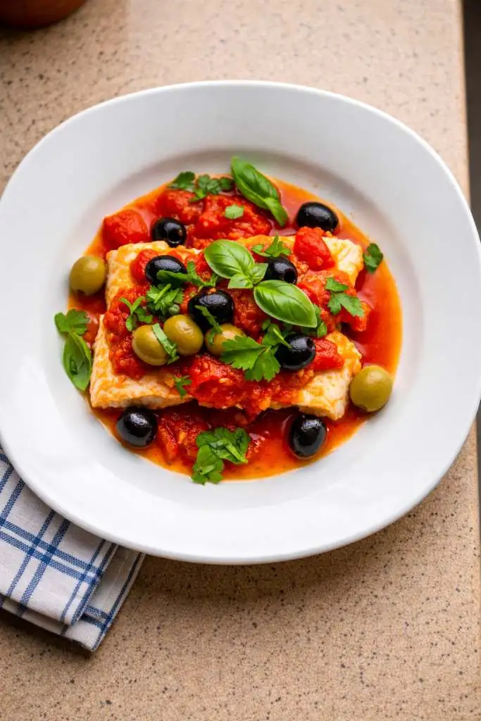 Pesce persico alla pizzaiola con salsa di pomodoro e olive servito caldo