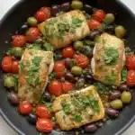 Pesce persico alla romana con pomodorini olive capperi e mentuccia in padella