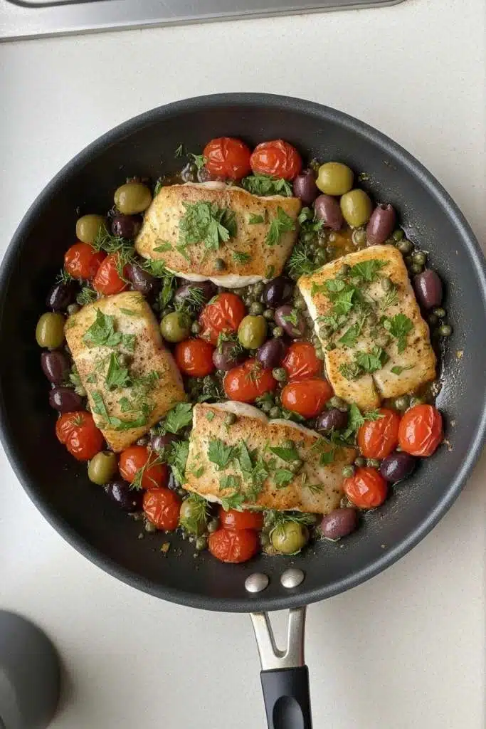 Pesce persico alla romana in padella con pomodorini olive e erbe aromatiche