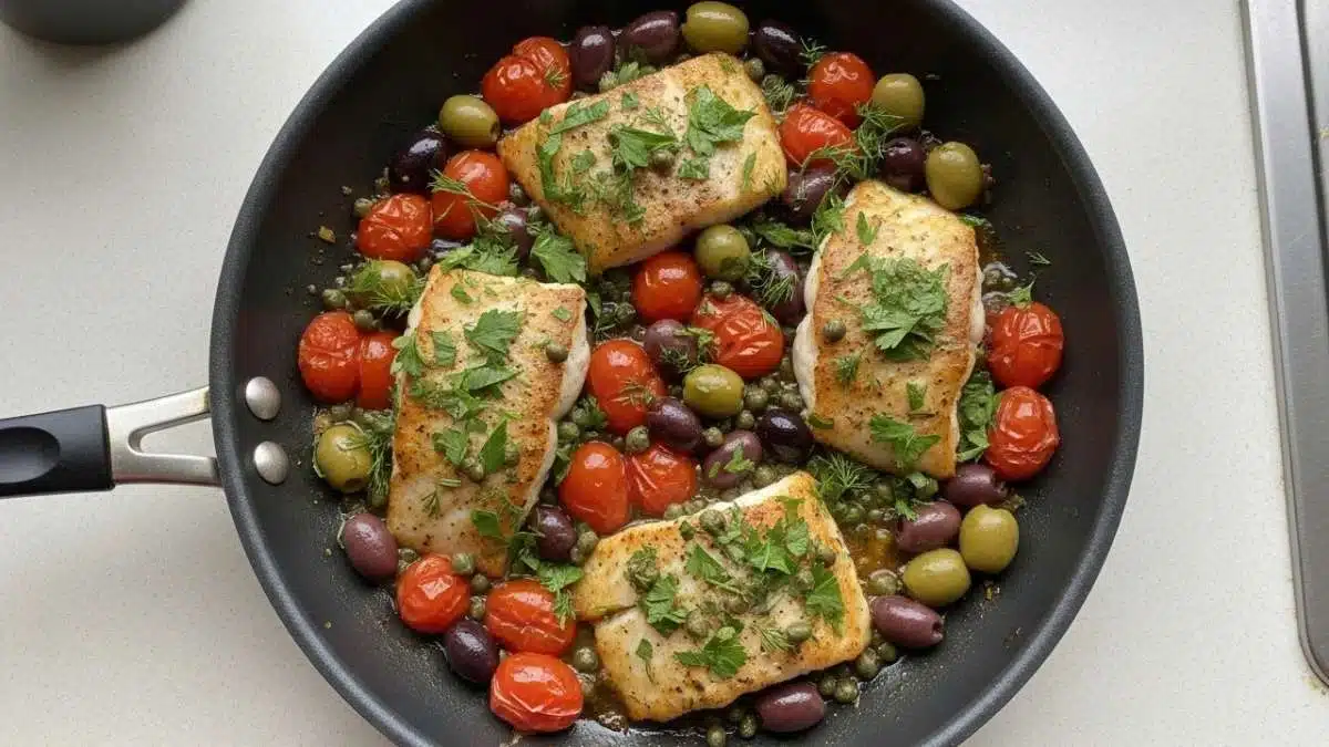 Pesce persico alla romana con pomodorini olive capperi e mentuccia in padella