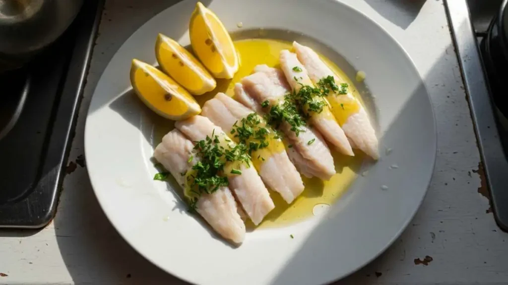 Pesce persico bollito con olio d'oliva limone e prezzemolo su piatto bianco