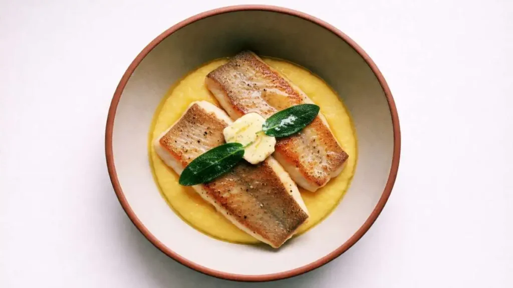 Pesce persico con polenta cremosa burro e salvia in ciotola rustica