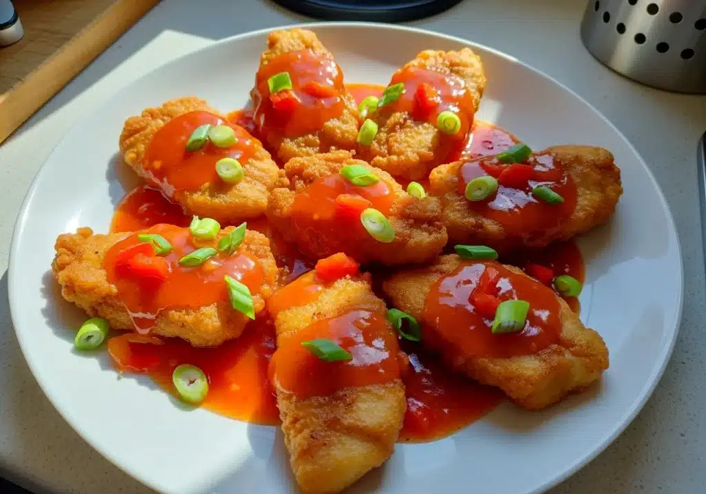 Pesce persico in agrodolce con salsa dolce e acidula e cipollotto fresco su piatto bianco