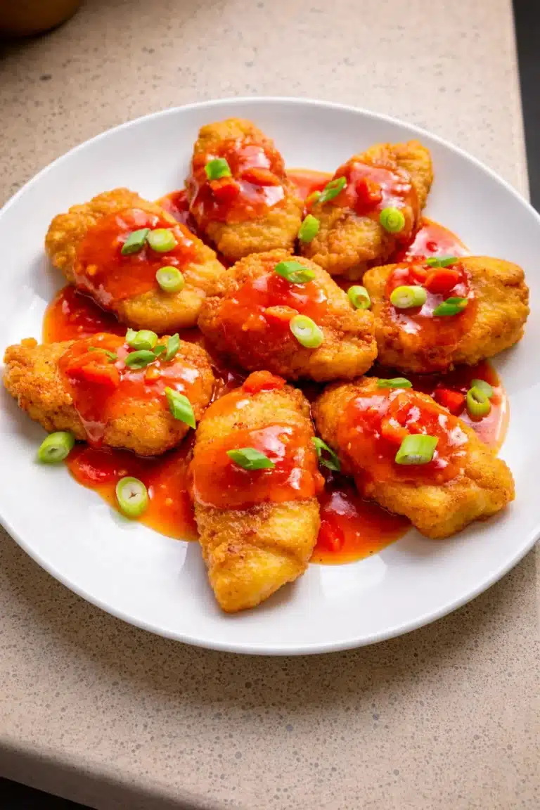 Pesce persico in agrodolce fritto con salsa rossa e cipollotto verde