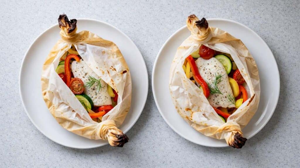 Pesce Persico in Cartoccio served in parchment paper with zucchini, bell peppers, and cherry tomatoes on white plates