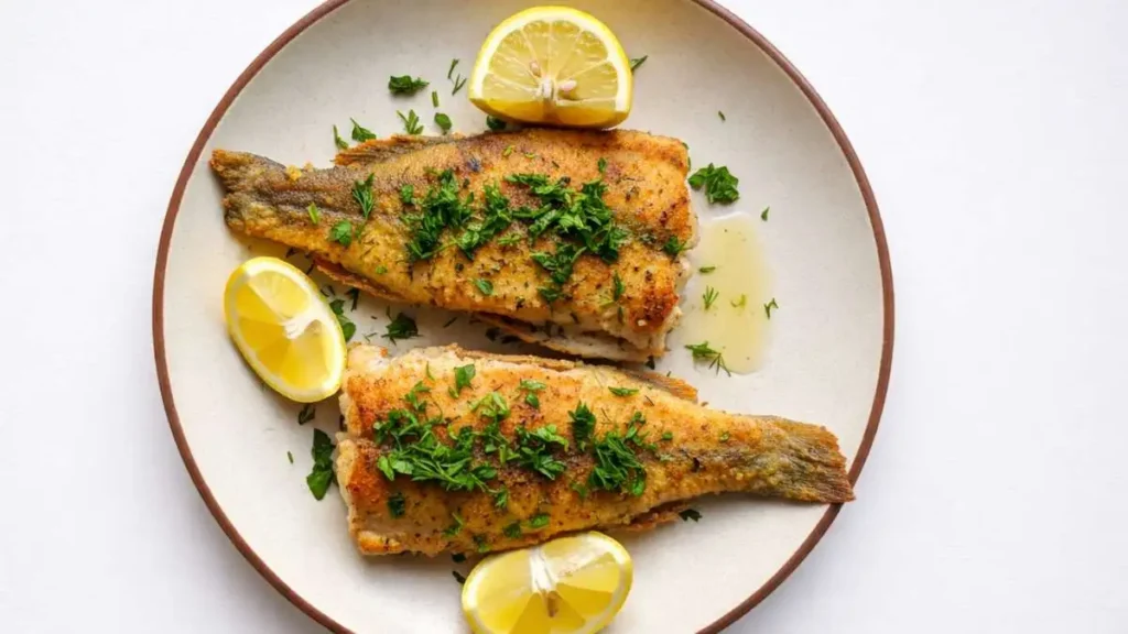 Pesce persico in scapece fritto e marinato con limone e prezzemolo su piatto bianco