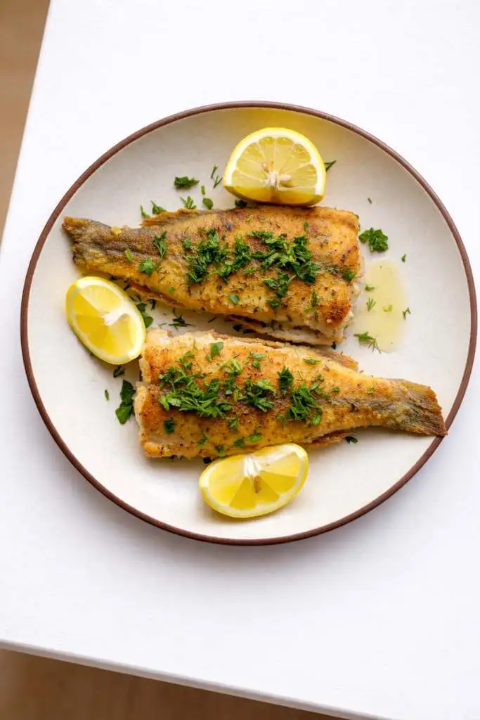 Pesce persico in scapece con crosticina dorata servito con limone e prezzemolo
