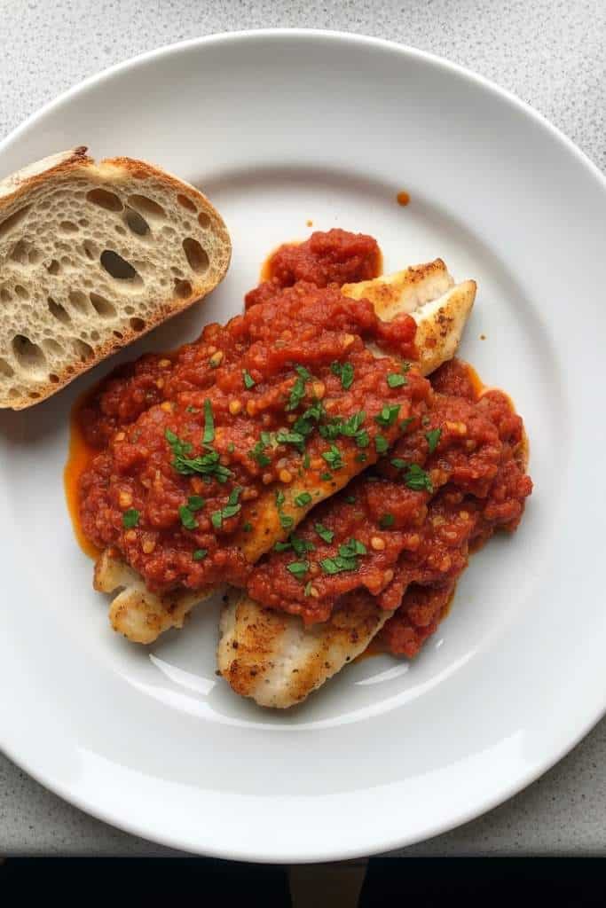 Pesce persico in umido con pomodoro e prezzemolo servito con pane per scarpetta