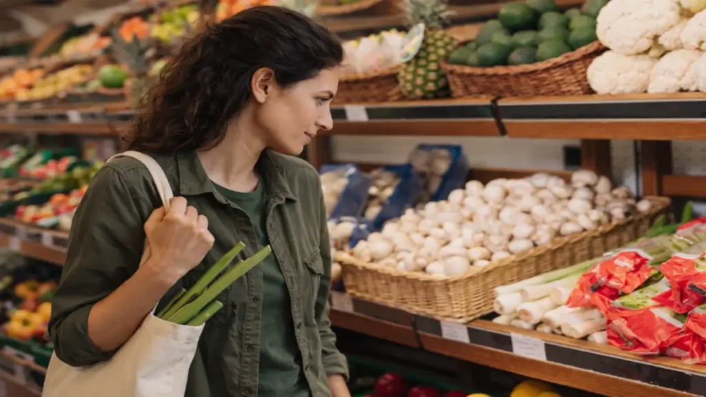 Donna che sceglie prodotti freschi nel reparto ortofrutta