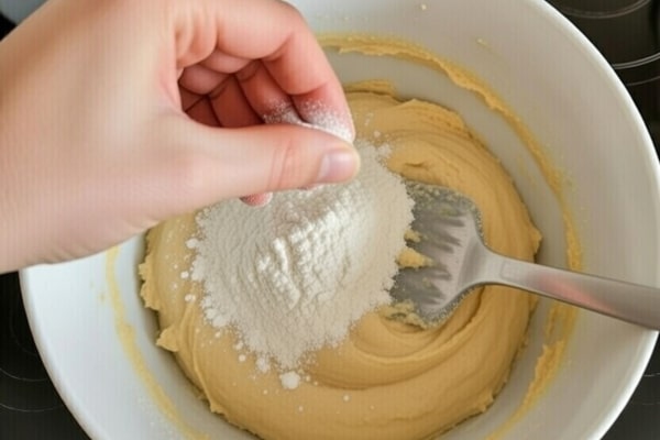 Farina e lievito incorporati nell’impasto della torta al caffè