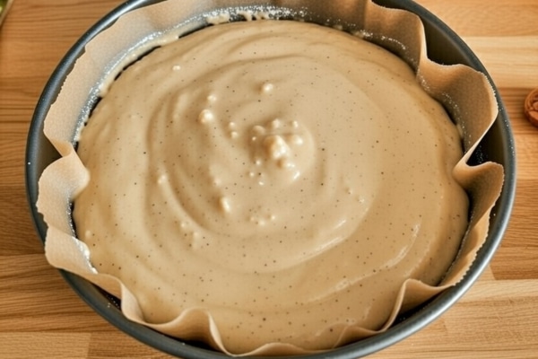 Impasto della torta al caffè versato nello stampo con carta forno