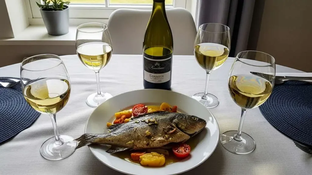 Vino bianco abbinato a pesce persico al forno con patate e pomodorini