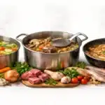 Tre pentole con brodo per risotto vegetale di carne e fumetto di pesce su sfondo minimal chiaro