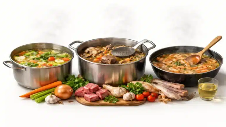 Tre pentole con brodo per risotto vegetale di carne e fumetto di pesce su sfondo minimal chiaro