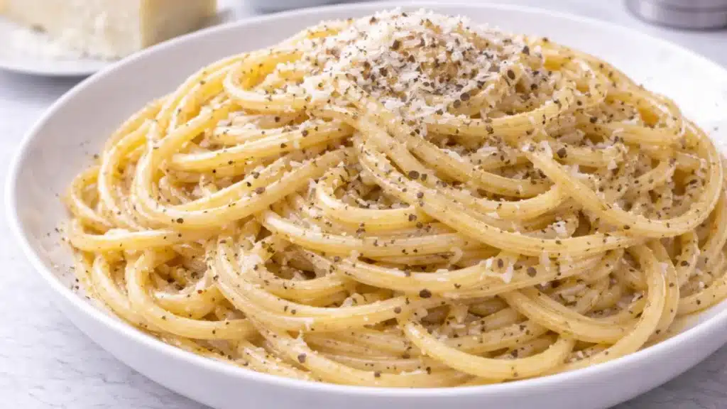 Cacio e pepe pasta con pecorino romano e pepe nero su piatto bianco