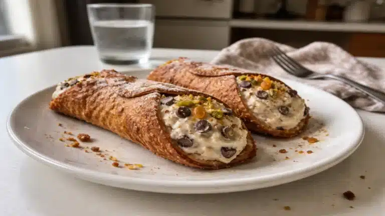 Cannoli siciliani fatti in casa con ricotta di pecora, pistacchi e gocce di cioccolato