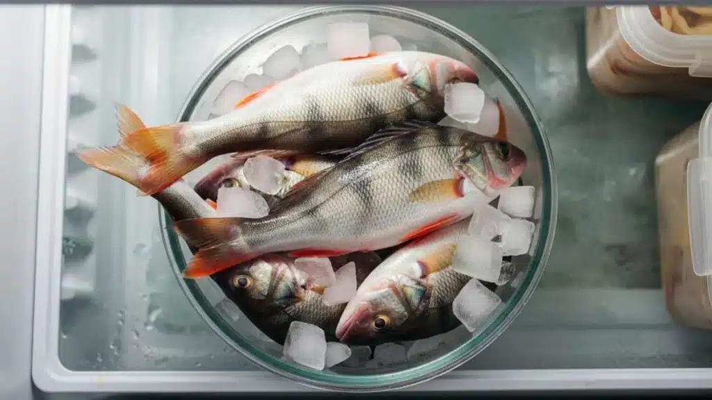 Conservazione del pesce persico fresco con ghiaccio in contenitore frigorifero temperatura bassa