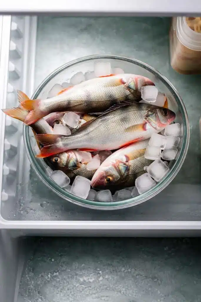 Conservazione del pesce persico fresco in ciotola vetro con ghiaccio in frigorifero
