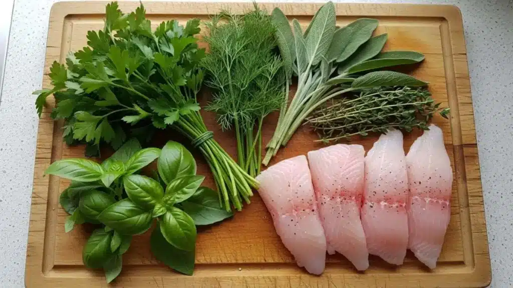 Erbe aromatiche pesce persico fresche con filetti su tagliere legno