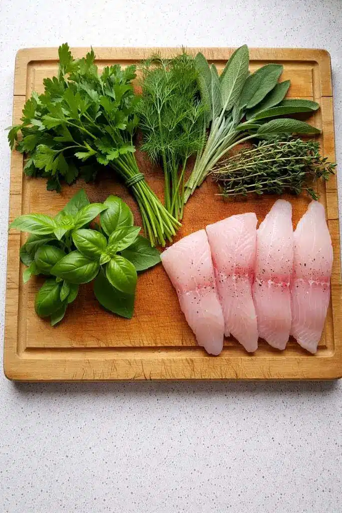 Erbe aromatiche nel pesce persico fresche su tagliere con filetti