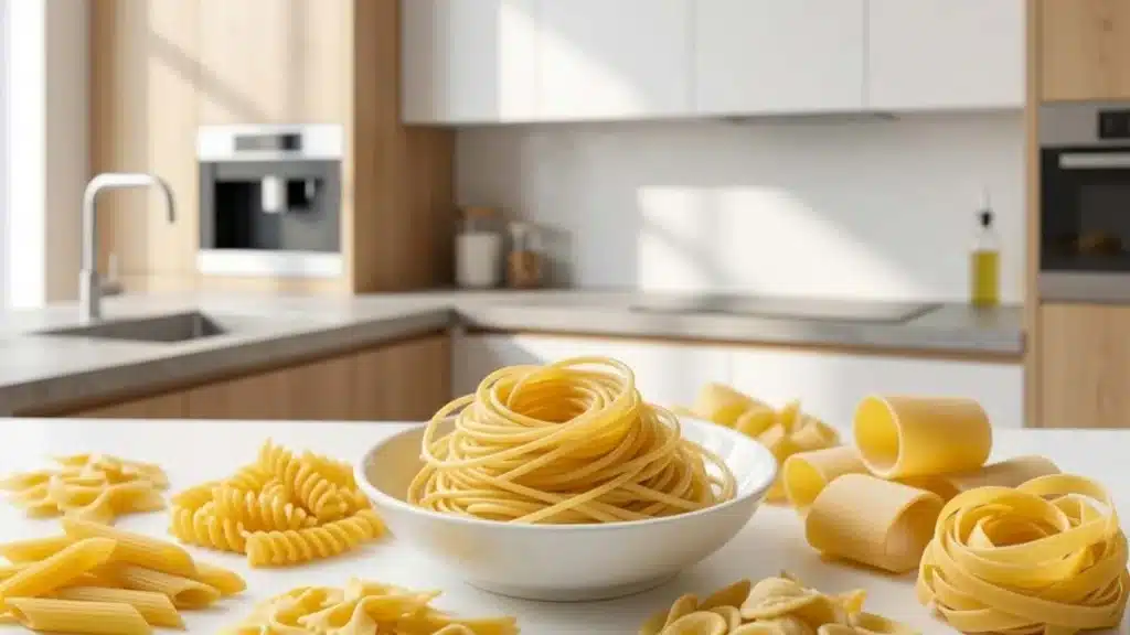 varieta di formati di pasta italiani con spaghetti fusilli farfalle penne e orecchiette su tavolo cucina