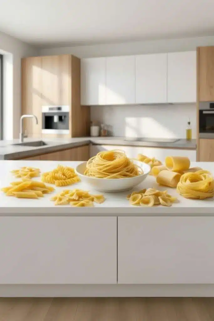 diversi formati di pasta italiani disposti su un tavolo in cucina con spaghetti penne fusilli e paccheri