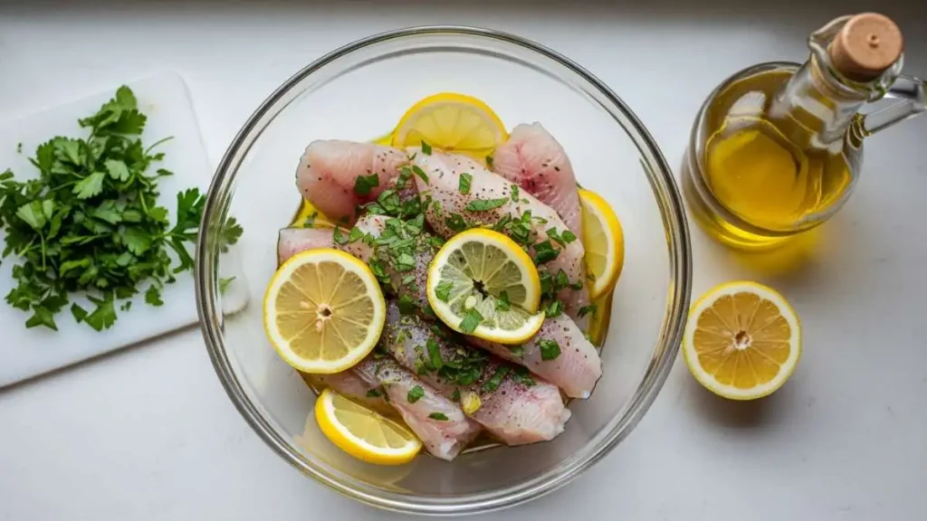 Marinature classiche per il pesce persico con limone prezzemolo e olio in ciotola