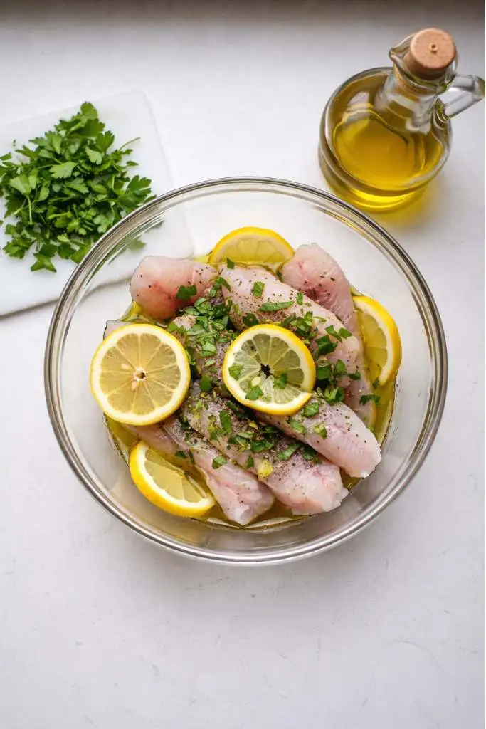 Marinature pesce persico con limone olio e prezzemolo in ciotola vetro
