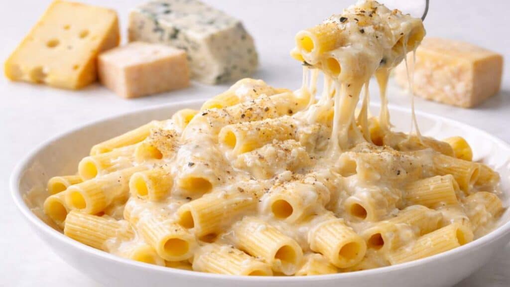 Pasta ai quattro formaggi cremosa con rigatoni e salsa di gorgonzola fontina taleggio e Parmigiano Reggiano